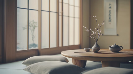 Illustration apaisante d’une salle de thé japonaise traditionnelle