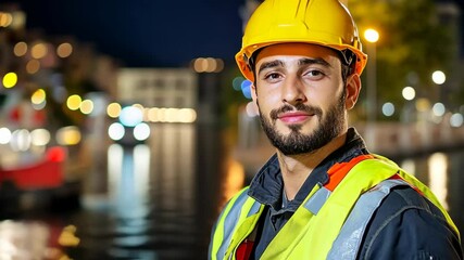Portrait of a construction worker wearing a helmet and safety vest near a waterfront illuminated at night in a city setting