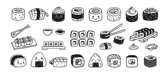 Sushi funny doodle set. Japanese hand drawn Food Sketch Icons. Kawaii drawing
