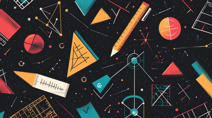 Mathematics seamless pattern. Vector background of math education with linear algebra formulas, equations and geometry figures, trigonometric graphs and charts. Pencils, rulers and protractor backdrop