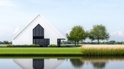 Modern white house by a tranquil pond and lush greenery.