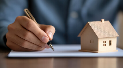 Close up of hands signing property insurance document with model house, symbolizing home ownership and security