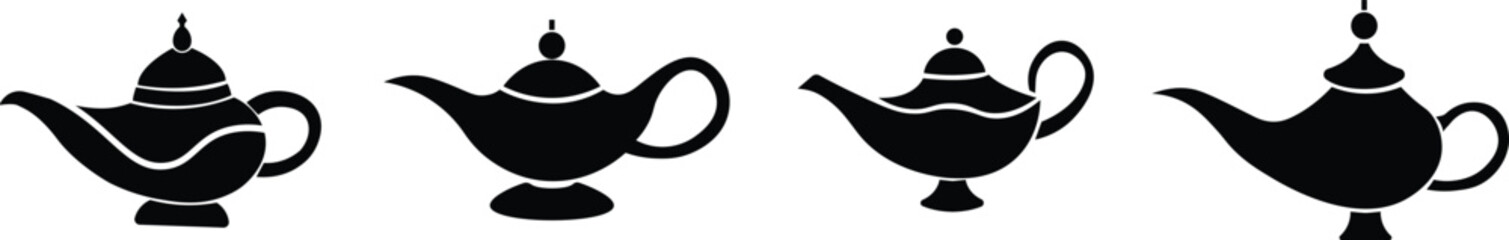 Magical Genie Lamp icon set. Mystical, black flat vector ornate genie lamp, radiating magic and wonder with sparkling stars. Perfect for fantasy, storytelling, and wish granting themes.