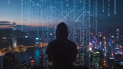 Hacker are planning to hack and attack networks and cyber security systems. Smart Innovation city with connection future wireless digital city and social media networking over the cityscape.