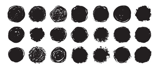 Round grunge scratch and textured ink brush strokes set. isolated vector black Collection. Dirty expressive hand drawn inky stains and blobs