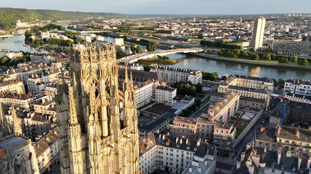 Drone footage of Rouen Cathedral's tower in Rouen, France