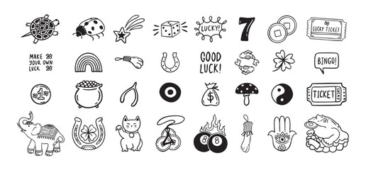 Good Luck doodle Symbols Set. Hand drawn lucky icons. Asian talismans and charms outline set.