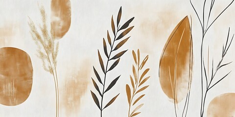 Abstract watercolor botanical art print with beige, brown, and black leaves and plants on a white background.