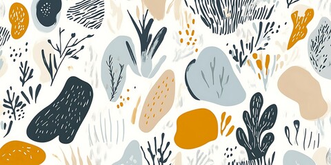 Abstract seamless pattern with hand-drawn organic shapes and botanical elements in muted tones.