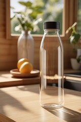 Detailed Mockup Of A Glass Water Bottle, With A Blank Label For Branding, Placed On A Wooden Countertop With A Sunny Kitchen Backdrop