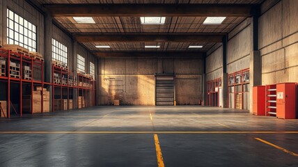 Industrial action in empty warehouse freshly constructed shelving spacious environment modern viewpoint for storage solutions