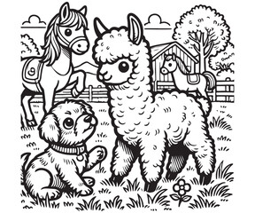 A black and white illustration of a baby alpaca playing with a cute pony and a small puppy