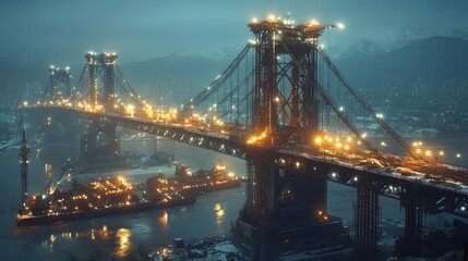 Nighttime construction of a suspension bridge over water.