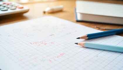 Study materials on graph paper with pencils and calculator, learning concepts