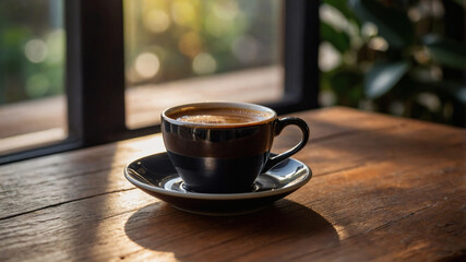 Obraz premium A cup of coffee on wood by a sunlit window is perfect for cozy café promotions, coffee blogs, or social media posts.