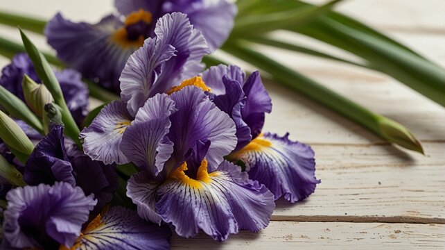 bouquet of irises flowers on wooden background
