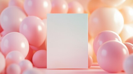  Front view of a blank white invitation card with copy space. Pink balloons decorations. Festive concept. Generative AI 