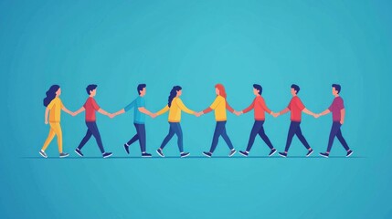A Colorful Illustration of Diverse Individuals Holding Hands in a Connected Line Against a Bright Blue Background Representing Unity and Togetherness