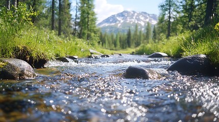 Fototapeta premium Clear stream flowing over rocks in a mountain valley.