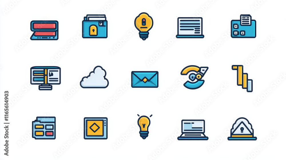 Poster internet security, data storage and hacker attack protection vector icons set. information privacy, 