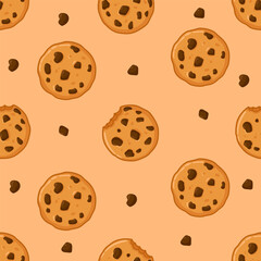 Chocolate Chip Cookie Pattern Design. A delightful seamless pattern featuring chocolate chip cookies, perfect for baking-themed designs, packaging, or culinary products.