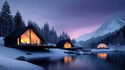 Fototapeta premium Cozy cabins by a serene lake in a snowy mountain landscape.