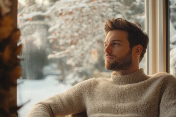 Obraz premium Thoughtful man gazing out the window during winter season