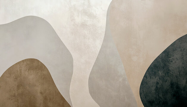 Abstract composition featuring soft, overlapping shapes in neutral tones of beige, white, brown, and gray with a minimalist style