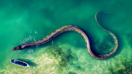 Naklejka premium Aerial view of a giant snake swimming in green waters near a small boat, showcasing scale and mysterious aquatic imagery