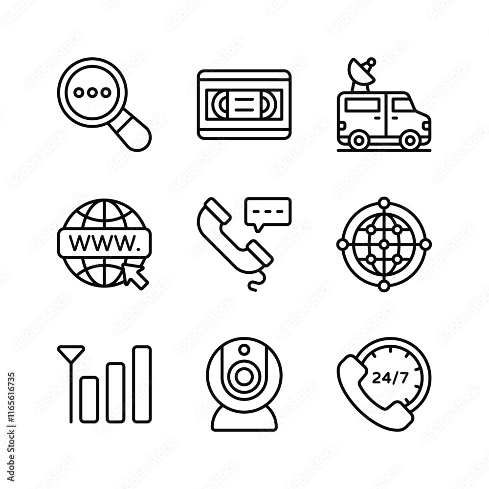 Wall mural a set of icons representing various aspects of communication and information technology