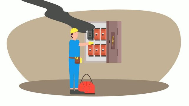 Electrical Service Panel Failure giving Smoke animation, Engineer Changing MCB Animated video Electrician Profession Clip, Power Supply and wiring Footage, handyman and Repairman tool motion graphics