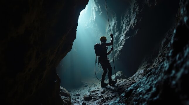 A lone male caver descends into the depths of a dark, mysterious cave, a beam of light illuminating his path.  Adventure and exploration in the heart of nature.