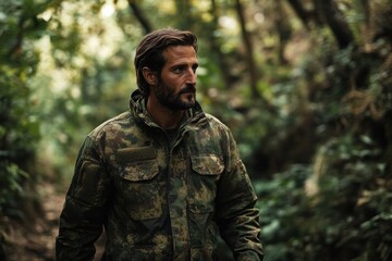 Obraz premium Man Walking Through Lush Forest Wearing Camouflage Jacket