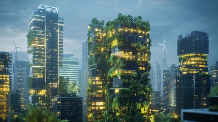 Futuristic Green Energy City with Vertical Forests and Solar