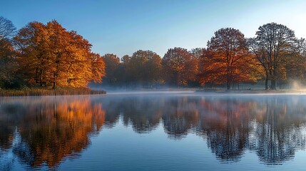 Serene autumn sunrise over a misty lake, reflecting vibrant red and orange trees.