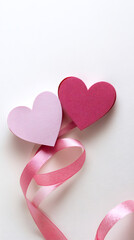 Fototapeta premium Pink ribbon connecting handmade paper hearts, representing romantic Valentine's Day sentiment and emotional connection