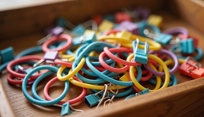 Colorful rubber bands and clips in an office drawer, creative organization