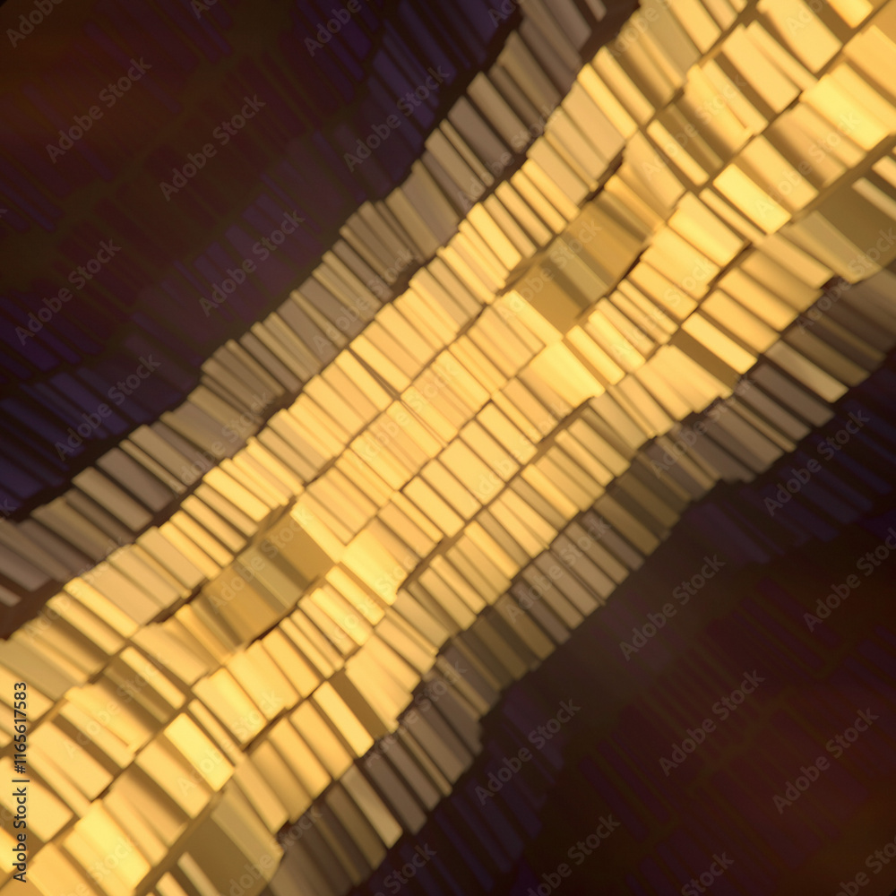 Poster illustration with stripes of bright orange rectangles forming an abstract undulating surface. 3d ren