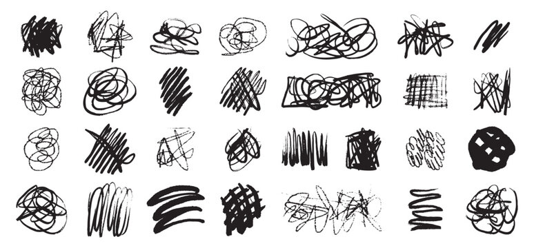 Hand drawn messy chaotic scribble lines collection. Brush freehand doodle scribbles on white background