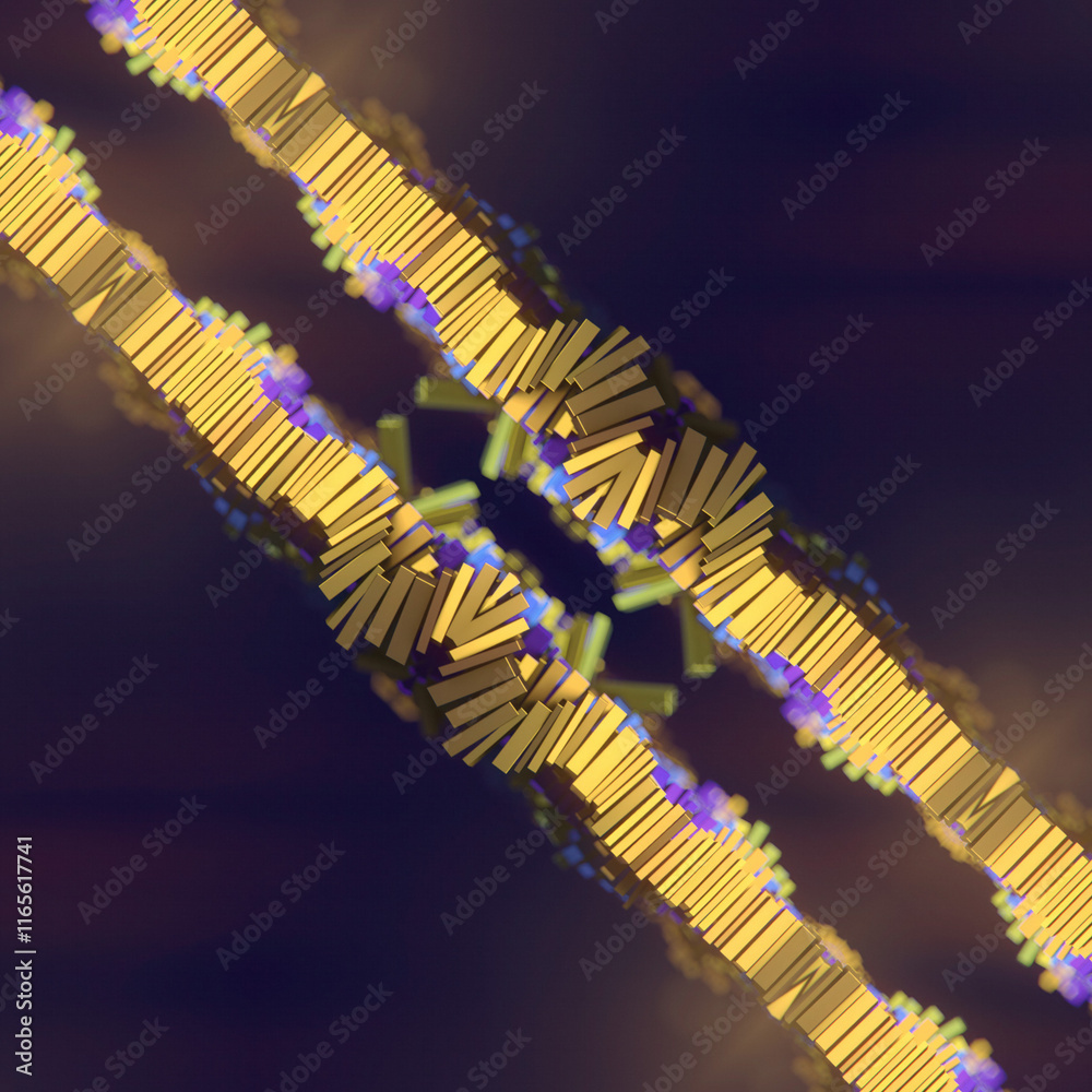 Aufkleber Shiny metallic orange rectangular elements in the form of diagonal symmetrical lines on a dark background. 3d rendering digital illustration