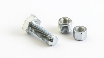 A bolt and two nuts, commonly used in construction and assembly.