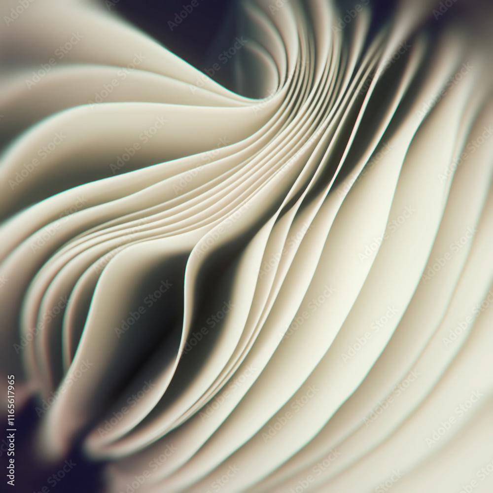 Poster Mesmerizing waves of white fabric create a hypnotic effect, adding a sense of mystery and futurism to the composition. Depth of field effect. 3d rendering digital illustration