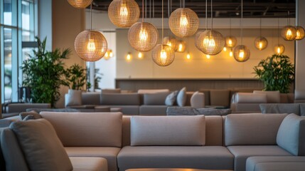 A coworking lounge with neutral tones, creative lighting fixtures, and layered seating arrangements.