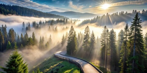 Serene sunrise over a winding path through misty mountain forest