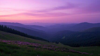 Obraz premium Breathtaking sunrise over Carpathian Mountains with vibrant purple and pink sky hues, endless blooming rhododendron sea on grassy hills, serene natural beauty, sunlight bathed landscape,
