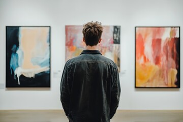 Man Observing Abstract Art in Contemporary Art Gallery
