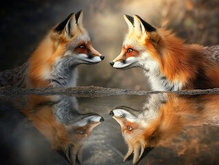 Obraz premium Ethereal fox contemplating its reflection, merging thoughts and instincts, whimsical shadows, enchanting eye-level perspective