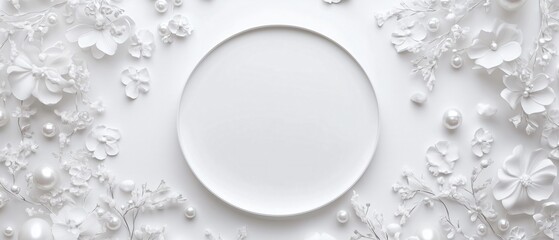  Flat lay top view of a blank white circle. White flowers and pearls decorations. Copy space. Wedding invitation card. Generative AI 