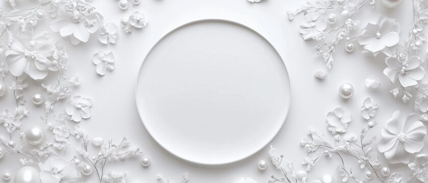  Flat lay top view of a blank white circle. White flowers and pearls decorations. Copy space. Wedding invitation card. Generative AI 