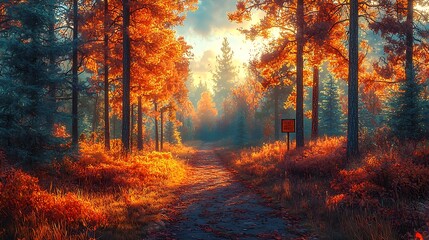 Fototapeta premium Sunlit autumn path through vibrant forest with colorful foliage and mist.